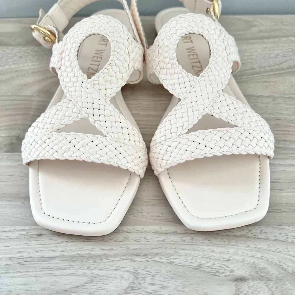Stuart Weitzman Wovette Leather Flat Sandal | Cream Ivory | Size 7